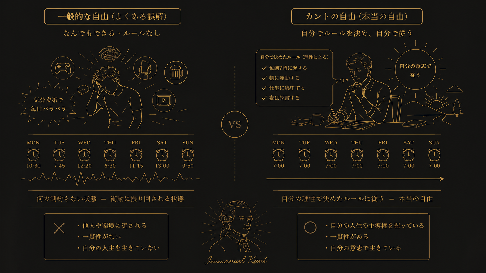 一般的な自由とカントの自由の対比図