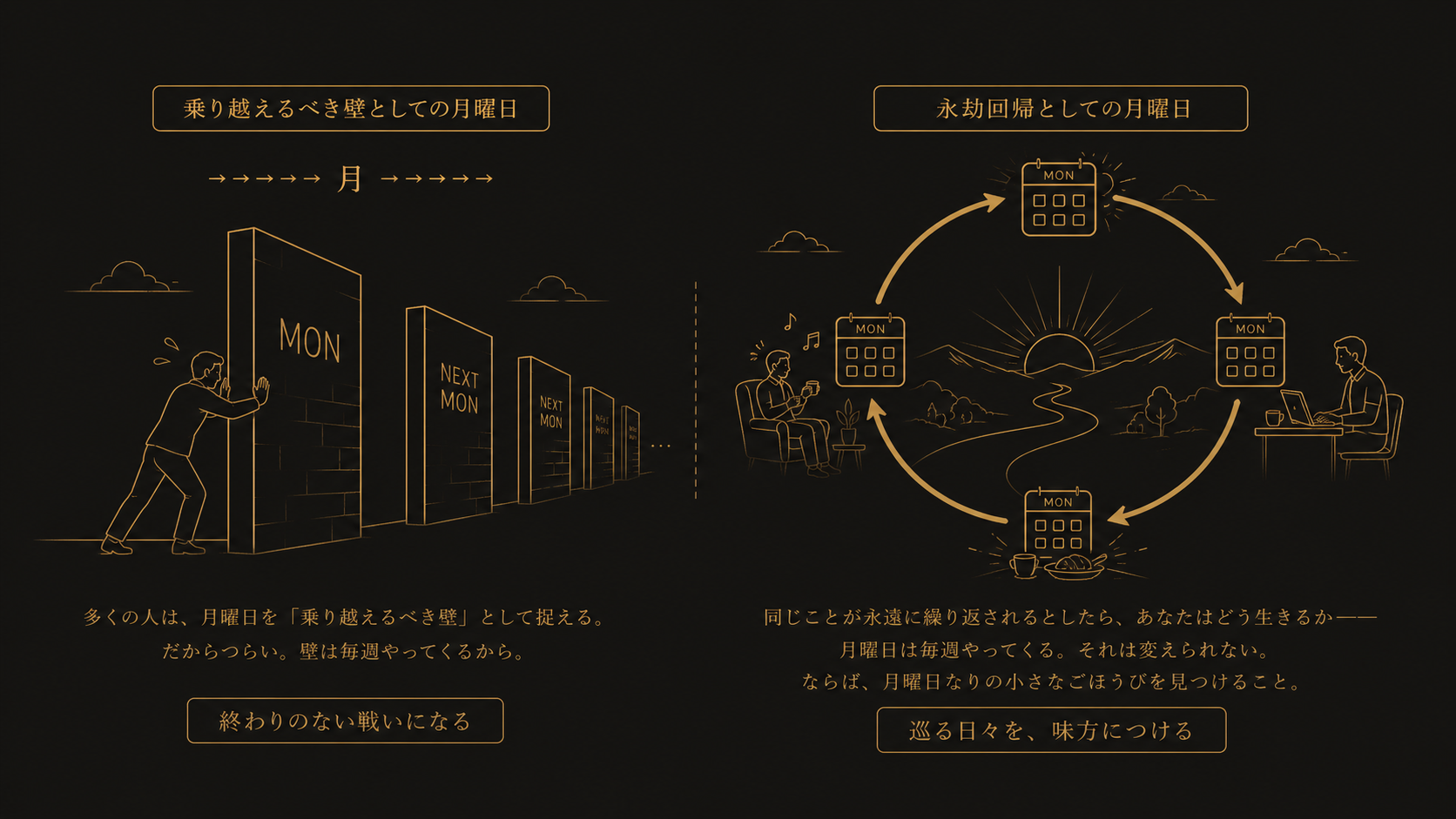 「壁」としての月曜日と「永劫回帰」としての月曜日の対比図