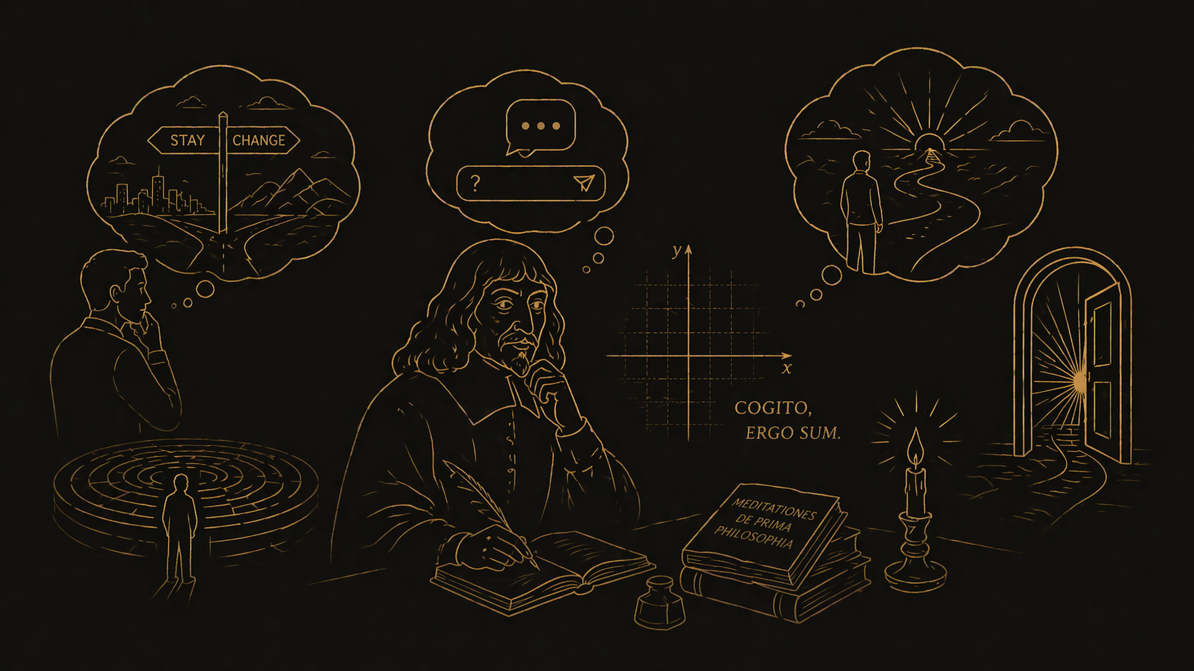 迷いと問いをテーマにしたゴールド線画イラスト