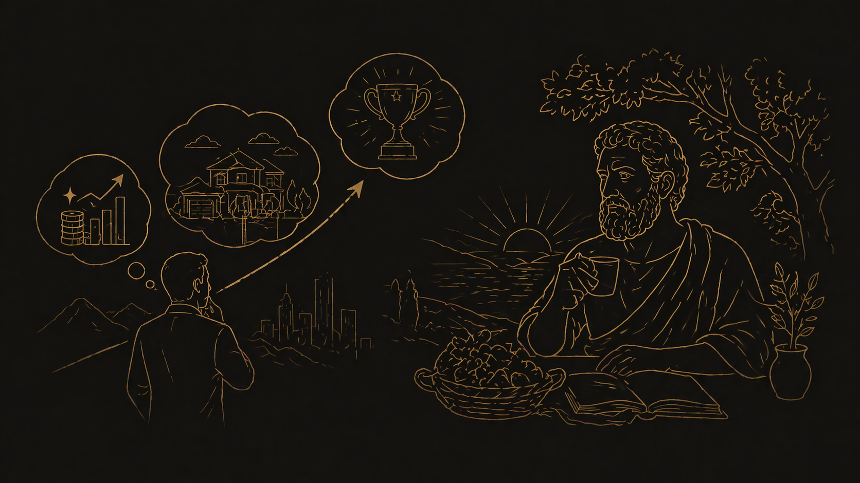 手のひらの上に宿る小さな幸福をテーマにしたゴールド線画イラスト