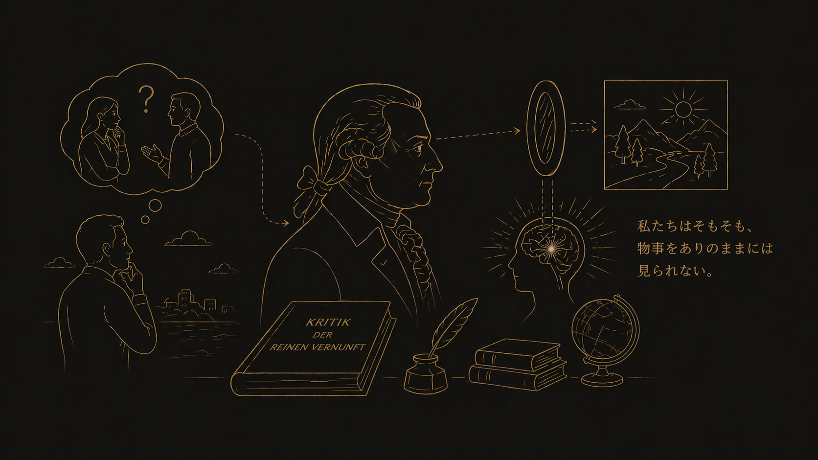 認識のフィルターと世界の見え方をテーマにしたゴールド線画イラスト