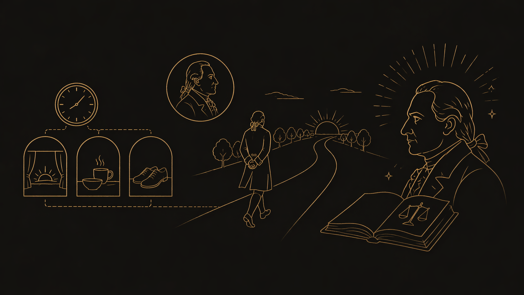 毎日同じ道を歩くカントの習慣と自由を表すゴールド線画イラスト