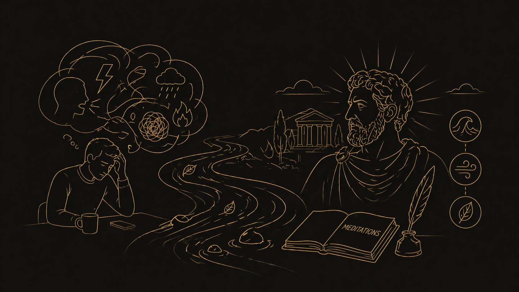 感情の嵐と静水面をテーマにしたゴールド線画イラスト