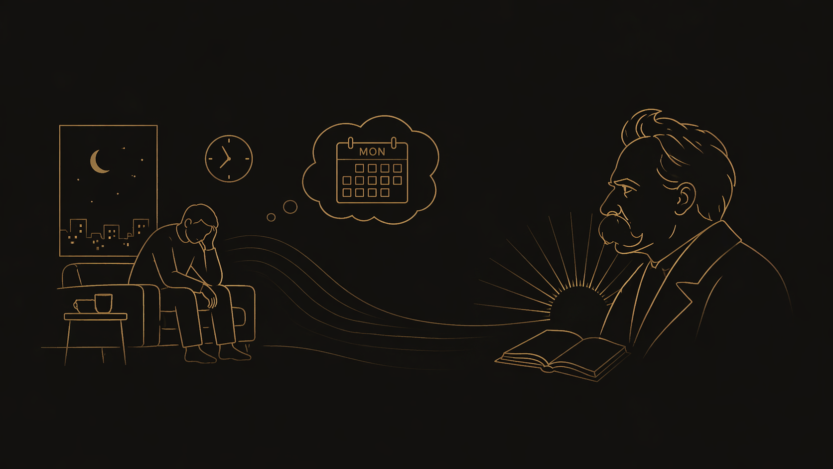 日曜の夜に月曜を憂う人物とニーチェのゴールド線画イラスト