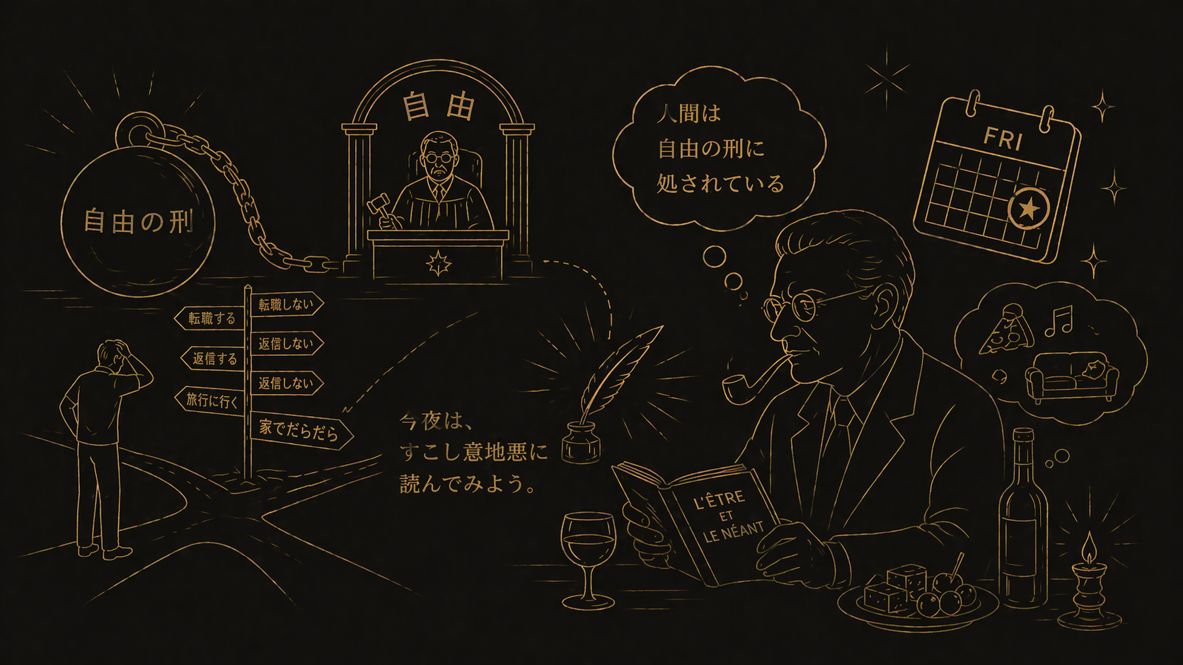 自由と選択をユーモラスに表現したゴールド線画イラスト