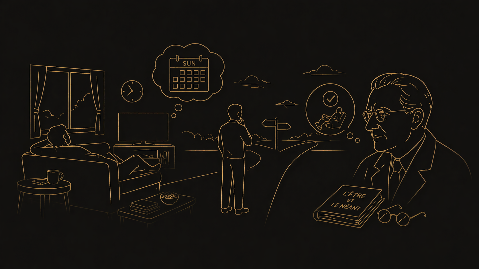 日曜日のソファと選択をテーマにしたゴールド線画イラスト